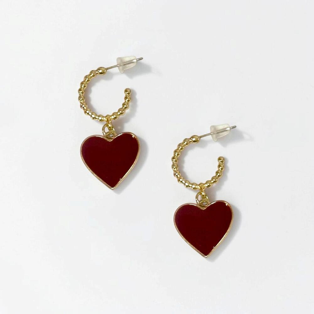 Gold & Burgundy Heart Drop Hoop Earrings